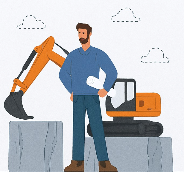 Operatore con escavatore, illustrazione stilizzata